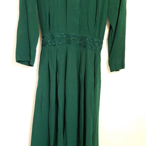 Karin Stevens Gown | 1980s Drop Waist Dress | Forrest Green Pleated Modest Frock - Picture 4 of 7